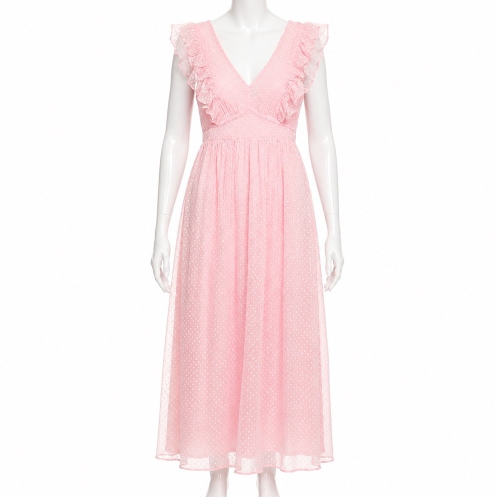 Vila Dress Virenata V-Neck Ankle Dress Ruffle Pink Polka Dot Chiffon Medium
